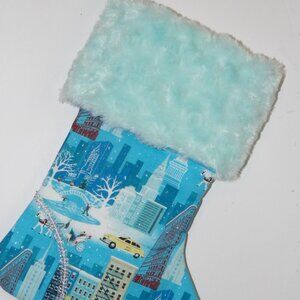 Blue with Yellow Taxi 14" Hand Crafted Christmas Stocking Silver Cord to Hang